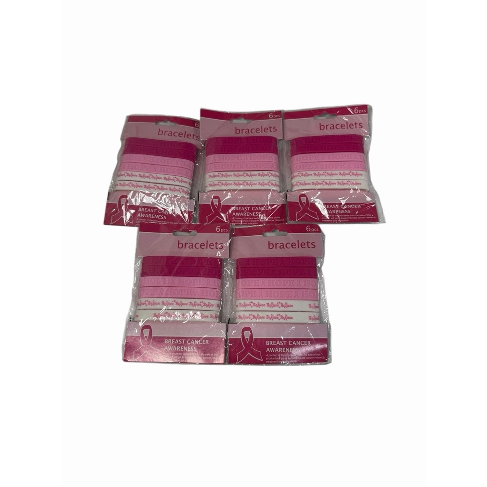Pink‎ Ribbon Rubber Bracelets  lot of 5 packs 6 count each 30 bracelets